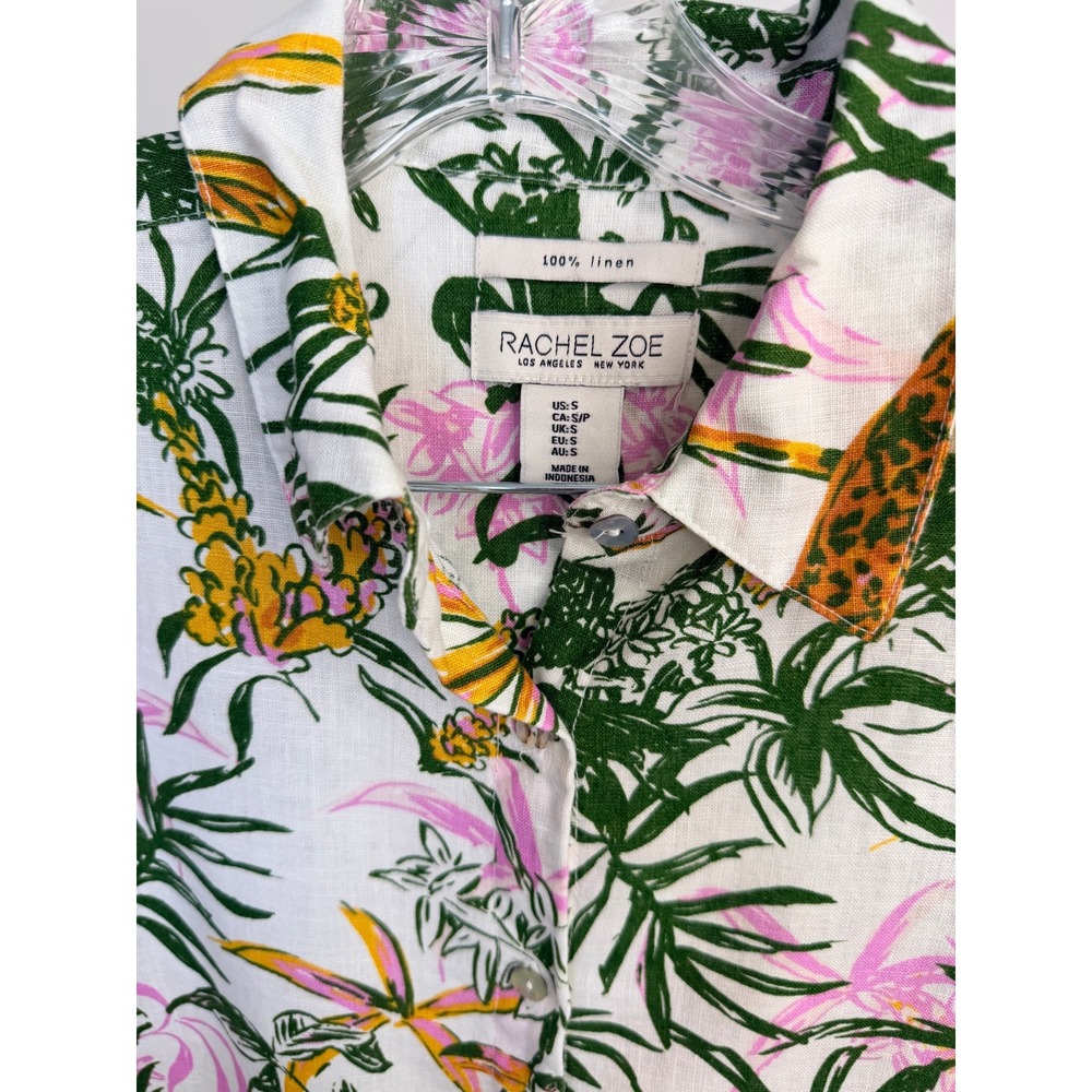 Rachel Zoe Tropical Leopard Print 100% Linen Mini Shirt Dress White Green Small - Picture 3 of 5